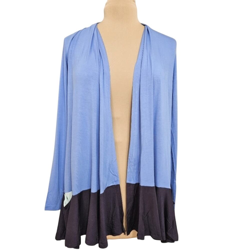 Logo Lori Goldstein Two-toned Blue Jersey Knit Ruffle Hem Open Cardigan XXS